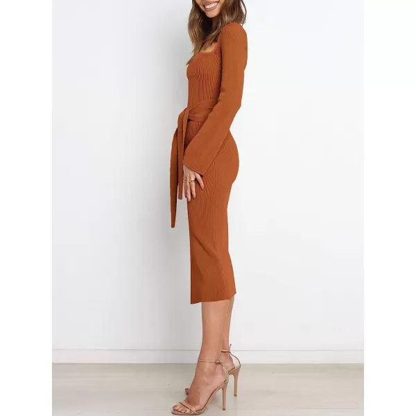 imageANRABESS Womens Long Sleeve Sweetheart Neck Tie Waist Slit Side Knit Bodycon Midi Sweater DressOrange