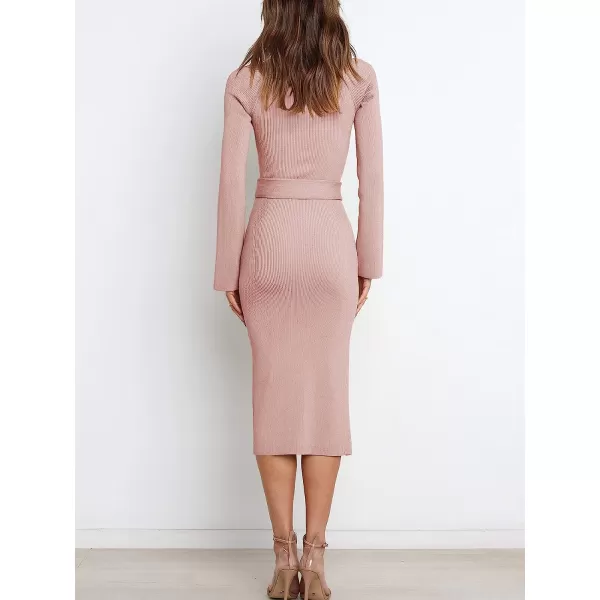 imageANRABESS Womens Long Sleeve Sweetheart Neck Tie Waist Slit Side Knit Bodycon Midi Sweater DressPink