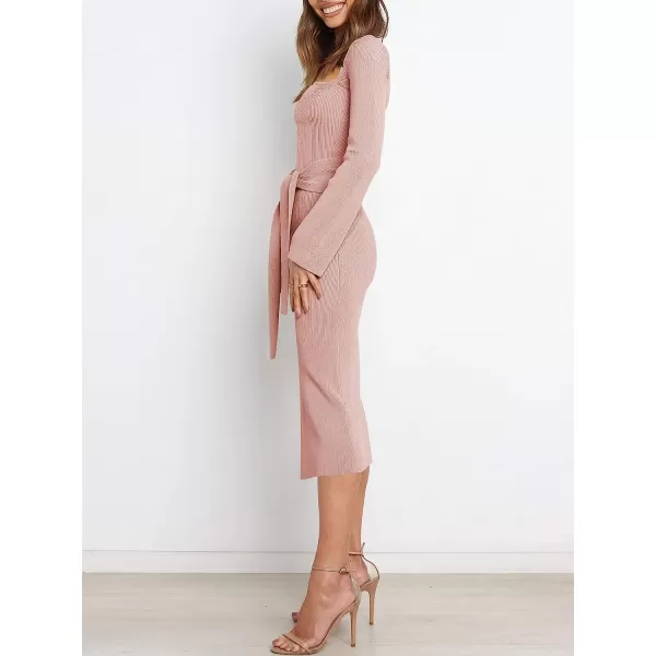 imageANRABESS Womens Long Sleeve Sweetheart Neck Tie Waist Slit Side Knit Bodycon Midi Sweater DressPink