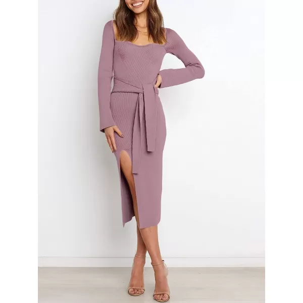 imageANRABESS Womens Long Sleeve Sweetheart Neck Tie Waist Slit Side Knit Bodycon Midi Sweater DressPurple