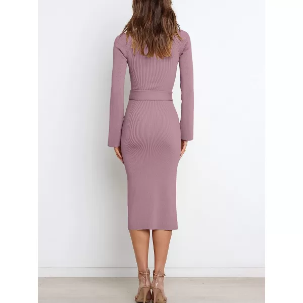 imageANRABESS Womens Long Sleeve Sweetheart Neck Tie Waist Slit Side Knit Bodycon Midi Sweater DressPurple