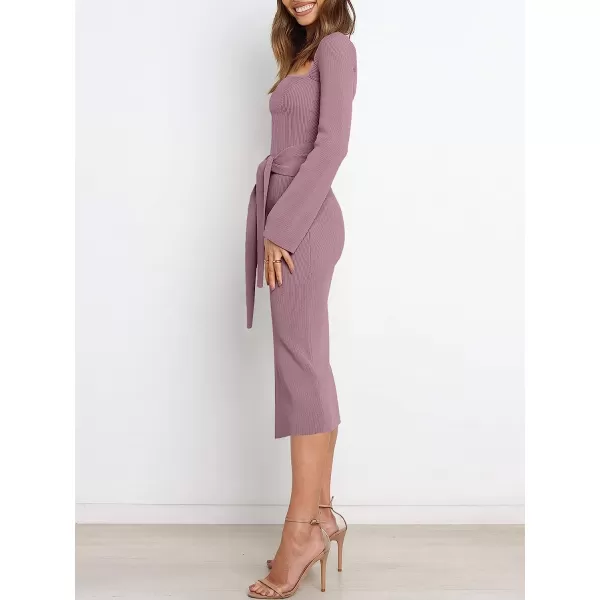 imageANRABESS Womens Long Sleeve Sweetheart Neck Tie Waist Slit Side Knit Bodycon Midi Sweater DressPurple