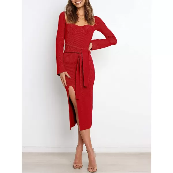imageANRABESS Womens Long Sleeve Sweetheart Neck Tie Waist Slit Side Knit Bodycon Midi Sweater DressRed