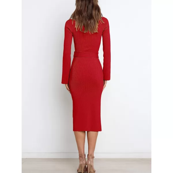 imageANRABESS Womens Long Sleeve Sweetheart Neck Tie Waist Slit Side Knit Bodycon Midi Sweater DressRed