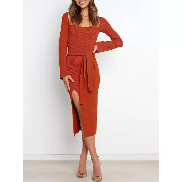 imageANRABESS Womens Long Sleeve Sweetheart Neck Tie Waist Slit Side Knit Bodycon Midi Sweater DressRust