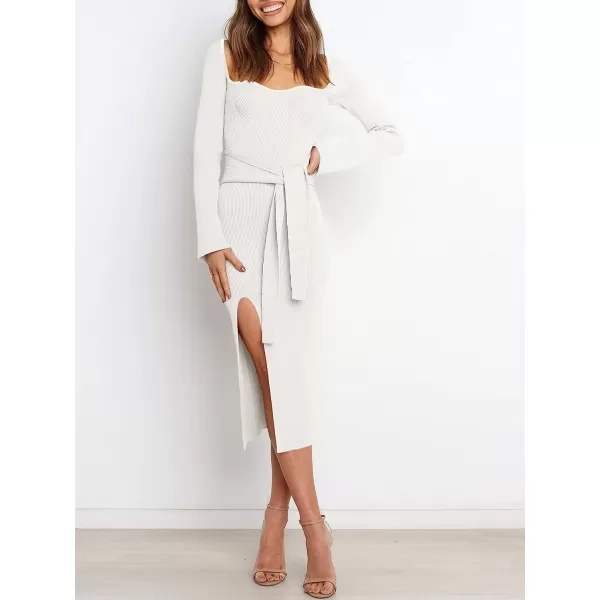 imageANRABESS Womens Long Sleeve Sweetheart Neck Tie Waist Slit Side Knit Bodycon Midi Sweater DressWhite