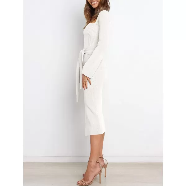 imageANRABESS Womens Long Sleeve Sweetheart Neck Tie Waist Slit Side Knit Bodycon Midi Sweater DressWhite