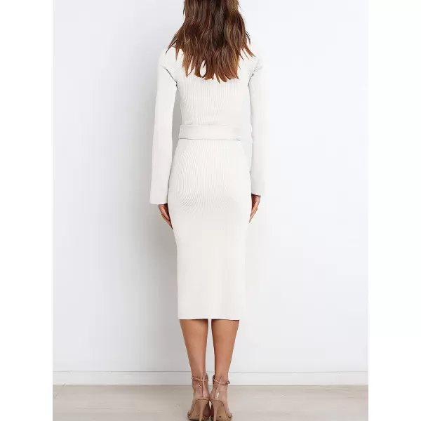 imageANRABESS Womens Long Sleeve Sweetheart Neck Tie Waist Slit Side Knit Bodycon Midi Sweater DressWhite
