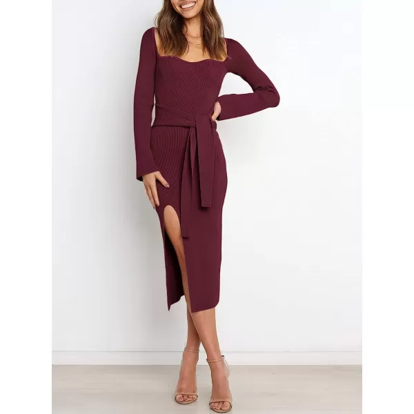 imageANRABESS Womens Long Sleeve Sweetheart Neck Tie Waist Slit Side Knit Bodycon Midi Sweater DressWind Red