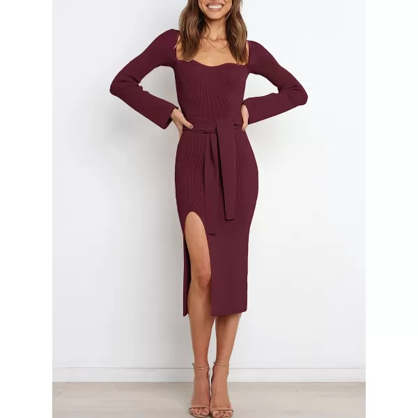 imageANRABESS Womens Long Sleeve Sweetheart Neck Tie Waist Slit Side Knit Bodycon Midi Sweater DressWind Red
