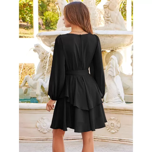 imageANRABESS Womens Long Sleeve Sweetheart Neck Waist Tie Doulbe Layer Ruffle Mini Dress Flowy Tiered Short DressBlack