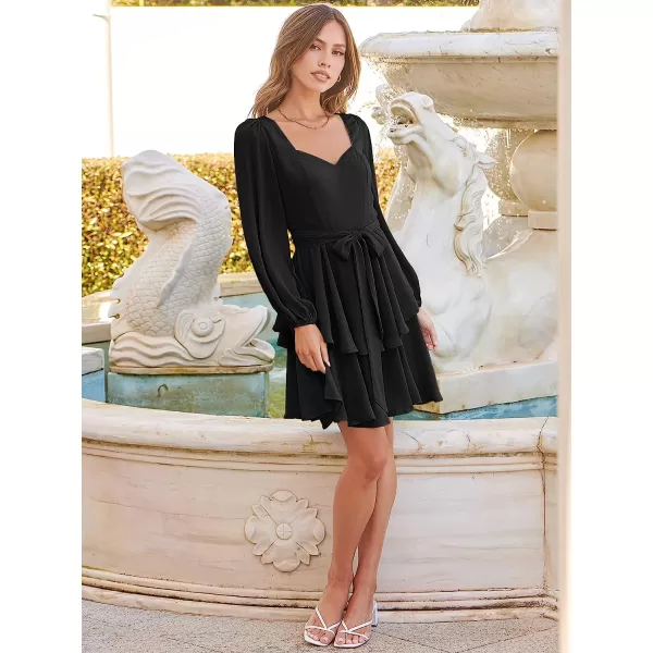 imageANRABESS Womens Long Sleeve Sweetheart Neck Waist Tie Doulbe Layer Ruffle Mini Dress Flowy Tiered Short DressBlack