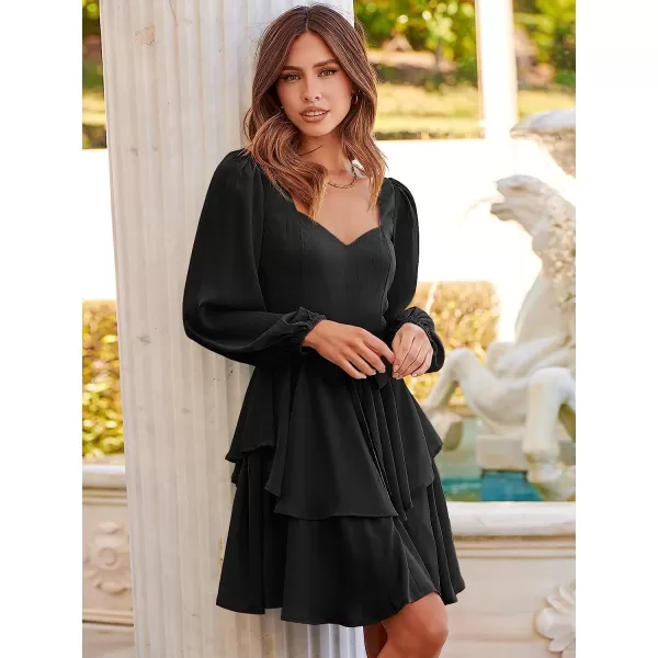 imageANRABESS Womens Long Sleeve Sweetheart Neck Waist Tie Doulbe Layer Ruffle Mini Dress Flowy Tiered Short DressBlack