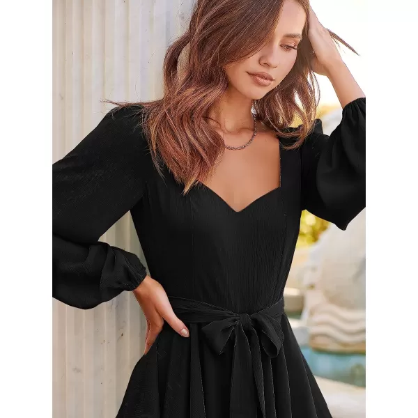 imageANRABESS Womens Long Sleeve Sweetheart Neck Waist Tie Doulbe Layer Ruffle Mini Dress Flowy Tiered Short DressBlack