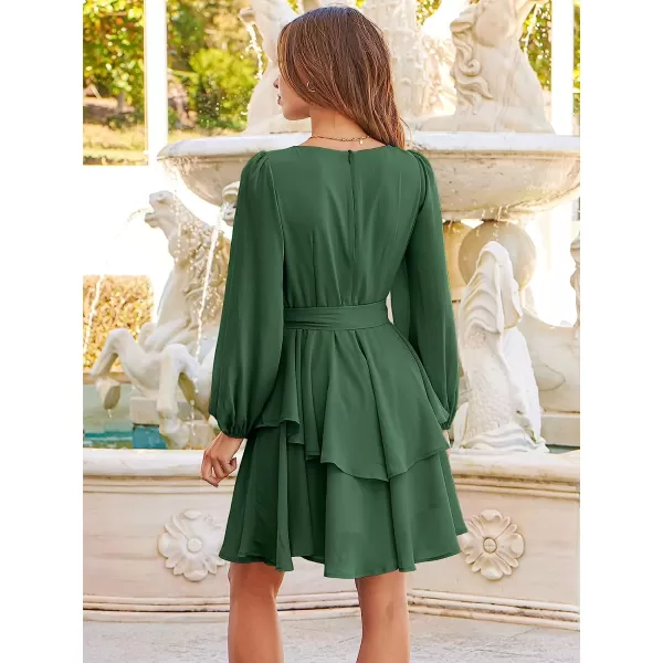 imageANRABESS Womens Long Sleeve Sweetheart Neck Waist Tie Doulbe Layer Ruffle Mini Dress Flowy Tiered Short DressGreen