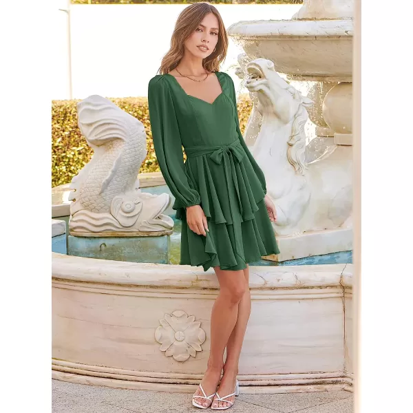 imageANRABESS Womens Long Sleeve Sweetheart Neck Waist Tie Doulbe Layer Ruffle Mini Dress Flowy Tiered Short DressGreen