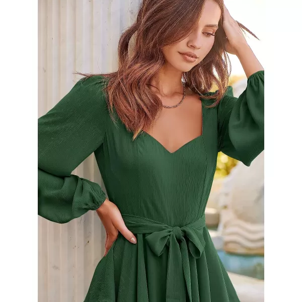 imageANRABESS Womens Long Sleeve Sweetheart Neck Waist Tie Doulbe Layer Ruffle Mini Dress Flowy Tiered Short DressGreen