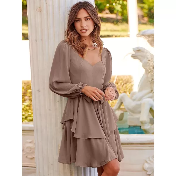imageANRABESS Womens Long Sleeve Sweetheart Neck Waist Tie Doulbe Layer Ruffle Mini Dress Flowy Tiered Short DressGrey