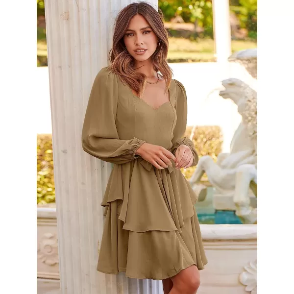 imageANRABESS Womens Long Sleeve Sweetheart Neck Waist Tie Doulbe Layer Ruffle Mini Dress Flowy Tiered Short DressKhaki