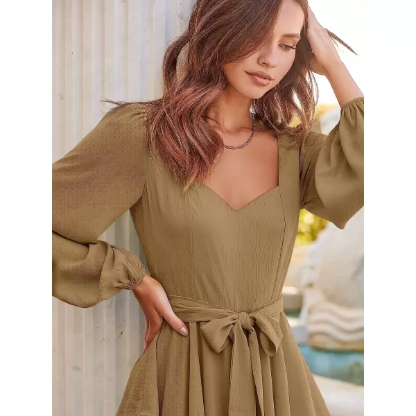 imageANRABESS Womens Long Sleeve Sweetheart Neck Waist Tie Doulbe Layer Ruffle Mini Dress Flowy Tiered Short DressKhaki