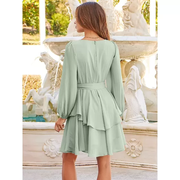 imageANRABESS Womens Long Sleeve Sweetheart Neck Waist Tie Doulbe Layer Ruffle Mini Dress Flowy Tiered Short DressLight Green