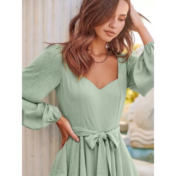 imageANRABESS Womens Long Sleeve Sweetheart Neck Waist Tie Doulbe Layer Ruffle Mini Dress Flowy Tiered Short DressLight Green
