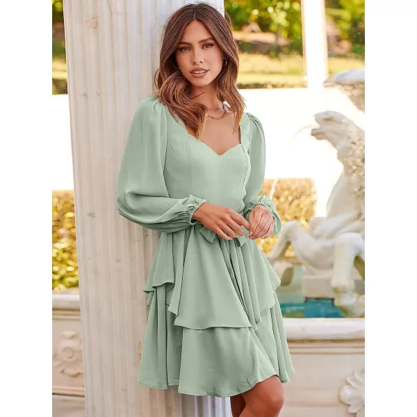 imageANRABESS Womens Long Sleeve Sweetheart Neck Waist Tie Doulbe Layer Ruffle Mini Dress Flowy Tiered Short DressLight Green