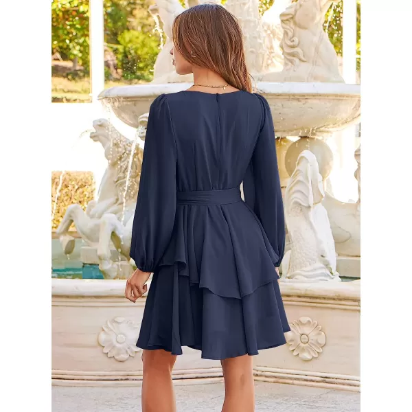 imageANRABESS Womens Long Sleeve Sweetheart Neck Waist Tie Doulbe Layer Ruffle Mini Dress Flowy Tiered Short DressNavy Blue