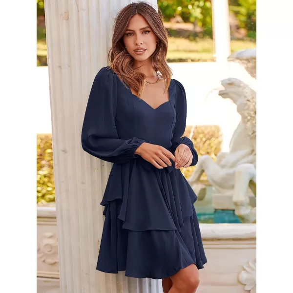 imageANRABESS Womens Long Sleeve Sweetheart Neck Waist Tie Doulbe Layer Ruffle Mini Dress Flowy Tiered Short DressNavy Blue