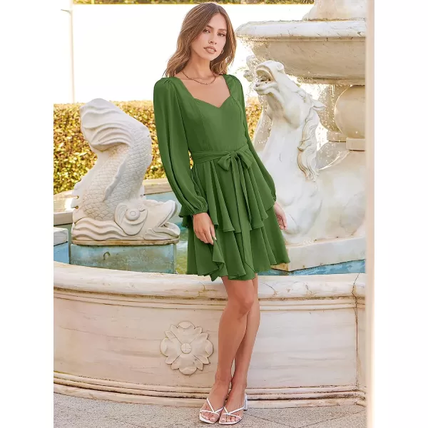 imageANRABESS Womens Long Sleeve Sweetheart Neck Waist Tie Doulbe Layer Ruffle Mini Dress Flowy Tiered Short DressOrange