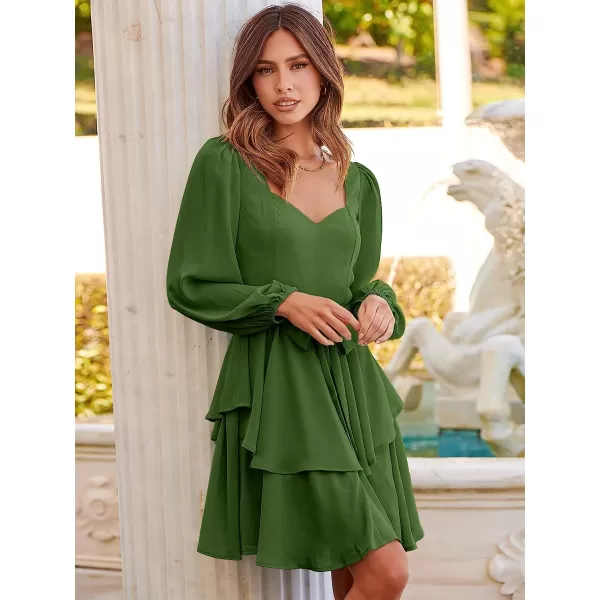 imageANRABESS Womens Long Sleeve Sweetheart Neck Waist Tie Doulbe Layer Ruffle Mini Dress Flowy Tiered Short DressOrange