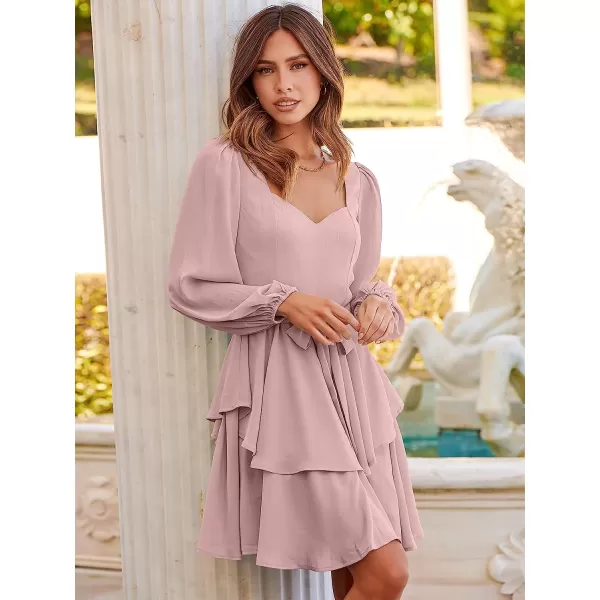 imageANRABESS Womens Long Sleeve Sweetheart Neck Waist Tie Doulbe Layer Ruffle Mini Dress Flowy Tiered Short DressPink