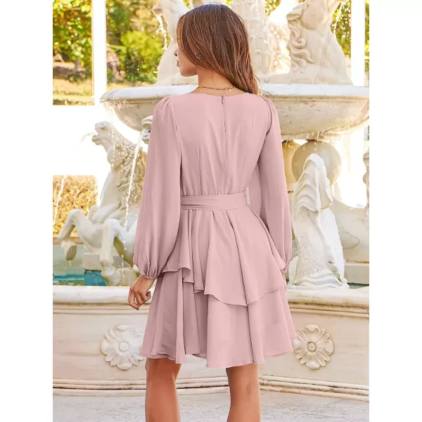 imageANRABESS Womens Long Sleeve Sweetheart Neck Waist Tie Doulbe Layer Ruffle Mini Dress Flowy Tiered Short DressPink