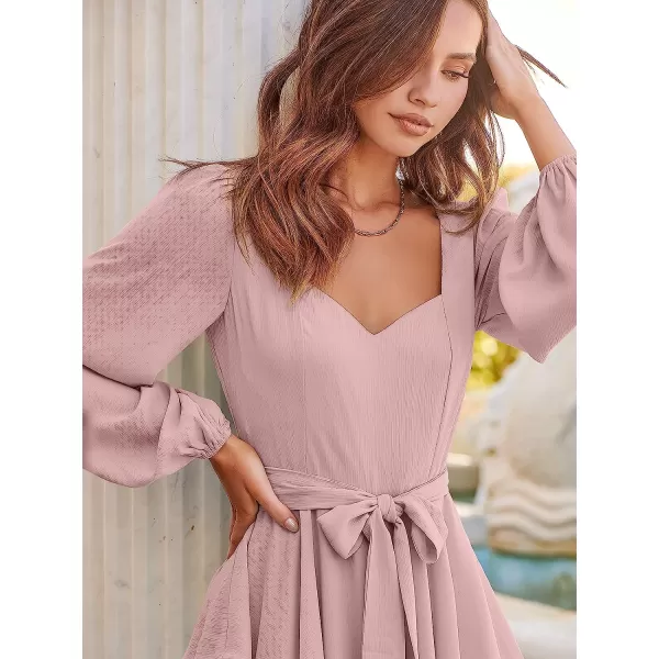 imageANRABESS Womens Long Sleeve Sweetheart Neck Waist Tie Doulbe Layer Ruffle Mini Dress Flowy Tiered Short DressPink