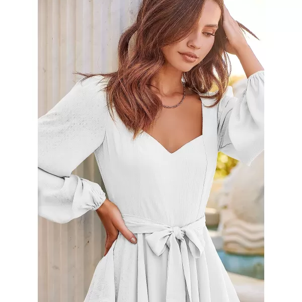 imageANRABESS Womens Long Sleeve Sweetheart Neck Waist Tie Doulbe Layer Ruffle Mini Dress Flowy Tiered Short DressWhite