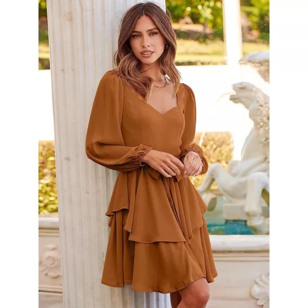 imageANRABESS Womens Long Sleeve Sweetheart Neck Waist Tie Doulbe Layer Ruffle Mini Dress Flowy Tiered Short DressYellow
