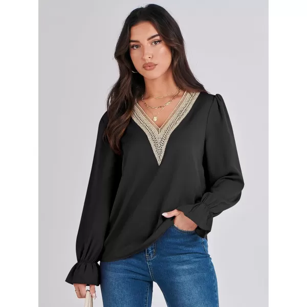 imageANRABESS Womens Long Sleeve Tops Dressy Casual Loose Lace Trim V Neck Boho Blouse Shirt Fall Fashion 2023 Trendy ShirtsBlack