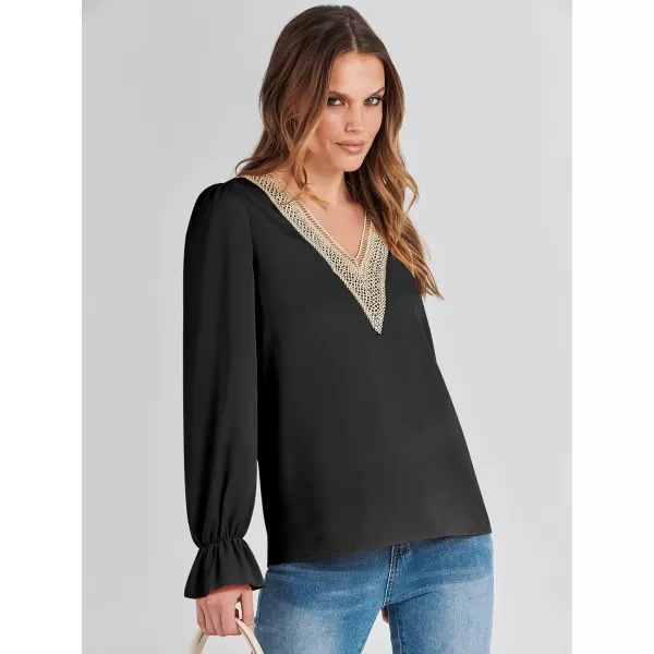 imageANRABESS Womens Long Sleeve Tops Dressy Casual Loose Lace Trim V Neck Boho Blouse Shirt Fall Fashion 2023 Trendy ShirtsBlack