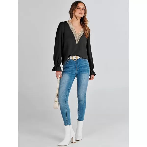 imageANRABESS Womens Long Sleeve Tops Dressy Casual Loose Lace Trim V Neck Boho Blouse Shirt Fall Fashion 2023 Trendy ShirtsBlack
