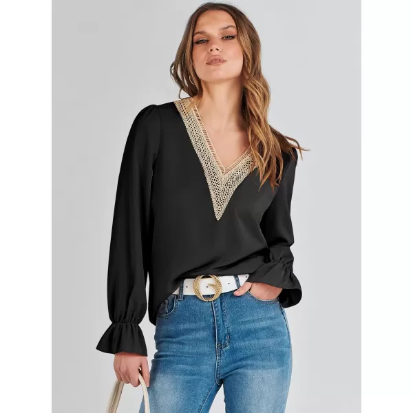 imageANRABESS Womens Long Sleeve Tops Dressy Casual Loose Lace Trim V Neck Boho Blouse Shirt Fall Fashion 2023 Trendy ShirtsBlack