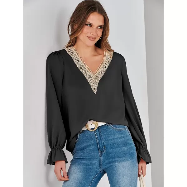 imageANRABESS Womens Long Sleeve Tops Dressy Casual Loose Lace Trim V Neck Boho Blouse Shirt Fall Fashion 2023 Trendy ShirtsBlack