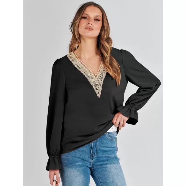 imageANRABESS Womens Long Sleeve Tops Dressy Casual Loose Lace Trim V Neck Boho Blouse Shirt Fall Fashion 2023 Trendy ShirtsBlack