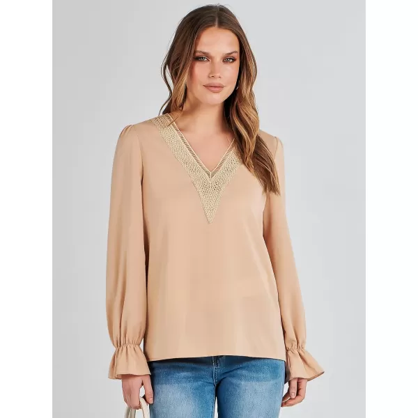 imageANRABESS Womens Long Sleeve Tops Dressy Casual Loose Lace Trim V Neck Boho Blouse Shirt Fall Fashion 2023 Trendy ShirtsKhaki