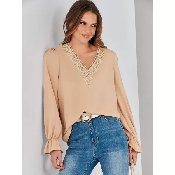 imageANRABESS Womens Long Sleeve Tops Dressy Casual Loose Lace Trim V Neck Boho Blouse Shirt Fall Fashion 2023 Trendy ShirtsKhaki
