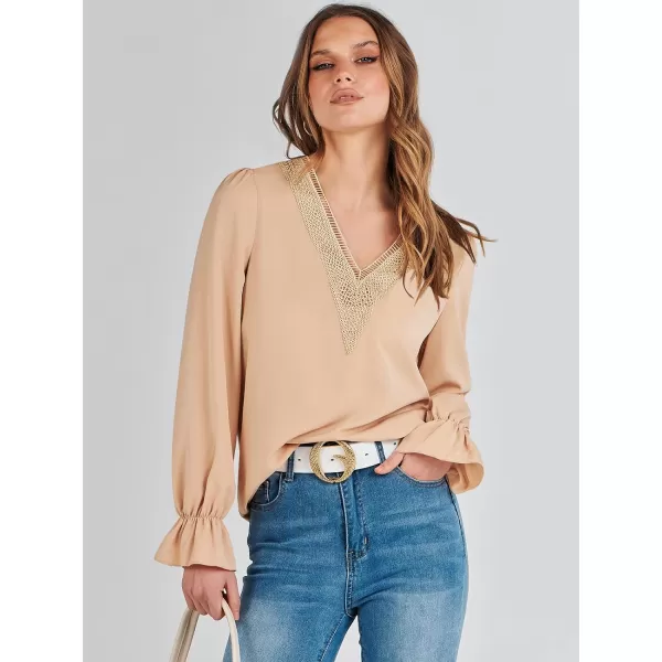 imageANRABESS Womens Long Sleeve Tops Dressy Casual Loose Lace Trim V Neck Boho Blouse Shirt Fall Fashion 2023 Trendy ShirtsKhaki