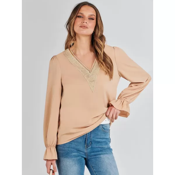 imageANRABESS Womens Long Sleeve Tops Dressy Casual Loose Lace Trim V Neck Boho Blouse Shirt Fall Fashion 2023 Trendy ShirtsKhaki