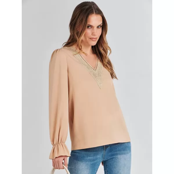 imageANRABESS Womens Long Sleeve Tops Dressy Casual Loose Lace Trim V Neck Boho Blouse Shirt Fall Fashion 2023 Trendy ShirtsKhaki