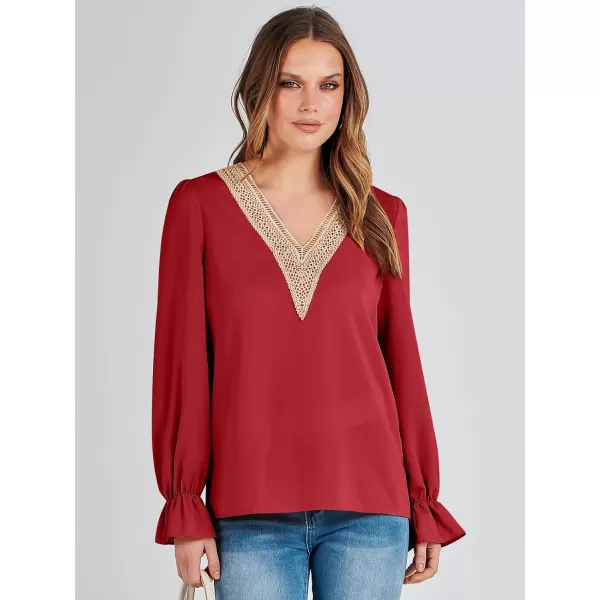 imageANRABESS Womens Long Sleeve Tops Dressy Casual Loose Lace Trim V Neck Boho Blouse Shirt Fall Fashion 2023 Trendy ShirtsRed