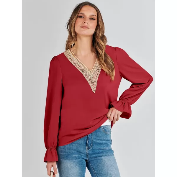 imageANRABESS Womens Long Sleeve Tops Dressy Casual Loose Lace Trim V Neck Boho Blouse Shirt Fall Fashion 2023 Trendy ShirtsRed
