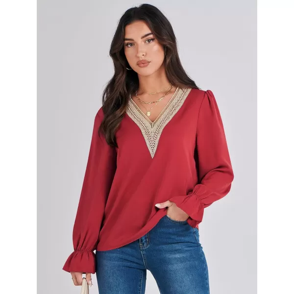 imageANRABESS Womens Long Sleeve Tops Dressy Casual Loose Lace Trim V Neck Boho Blouse Shirt Fall Fashion 2023 Trendy ShirtsRed